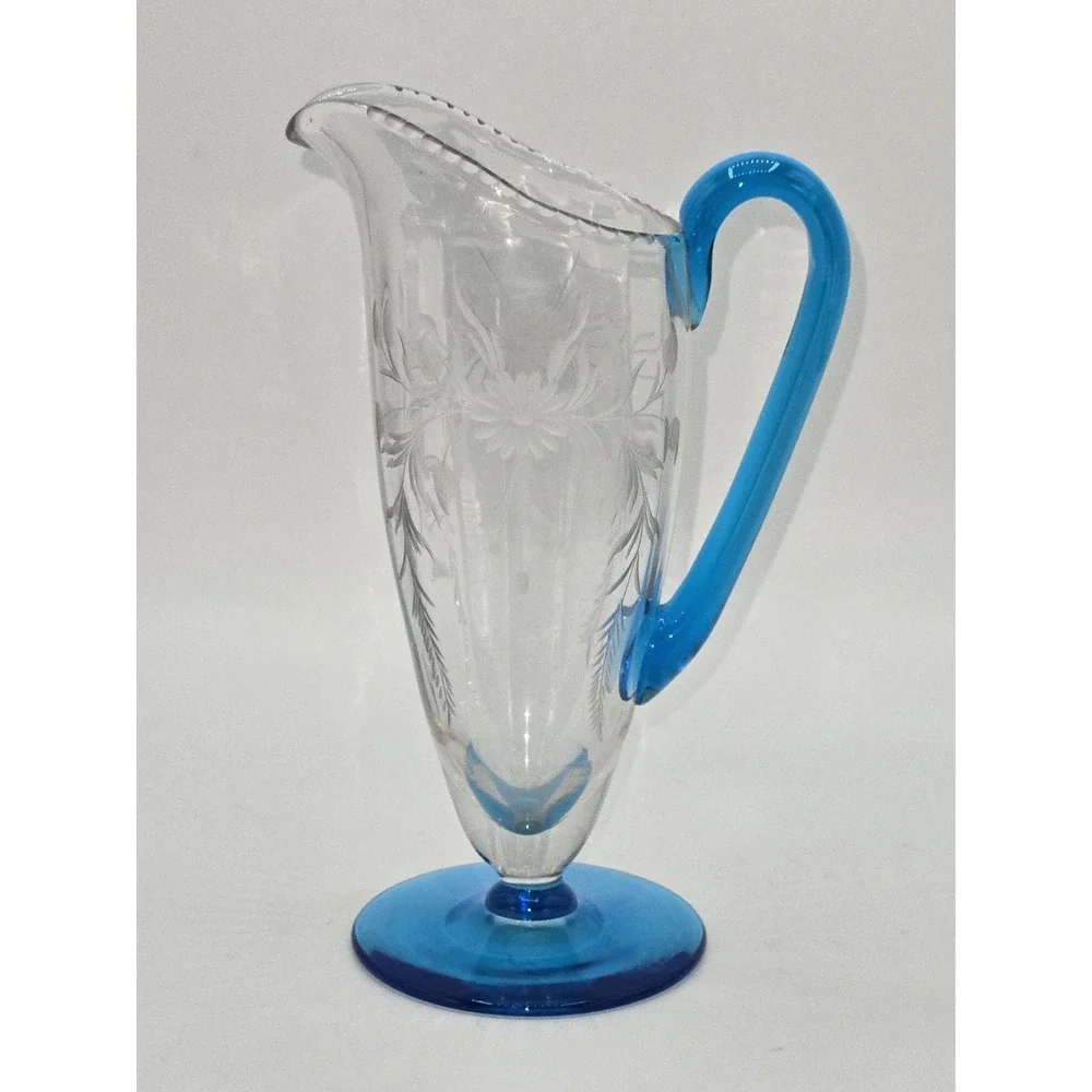 Steuben Celeste Blue Art Glass Creamer Acid Etched‎ Floral Applied Handle 7